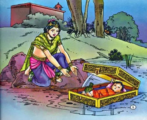 Kunti Devi leaving a born child in a flowing river by keeping him in a golden box