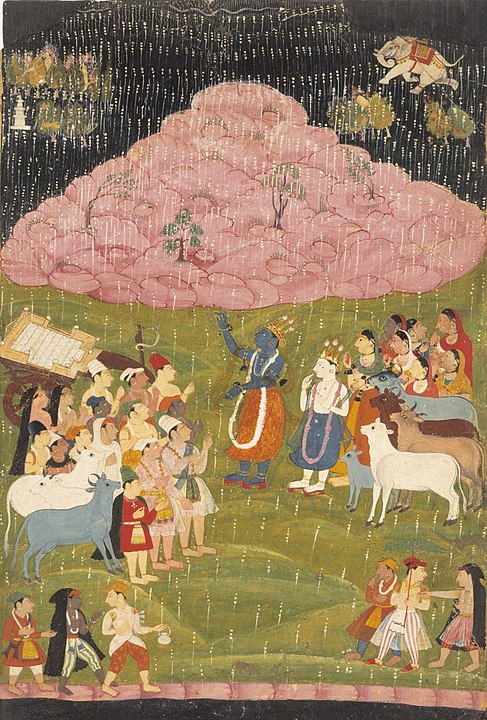 487px Krishna raising Mount Govardhan Bhagavata Puranaca 1640