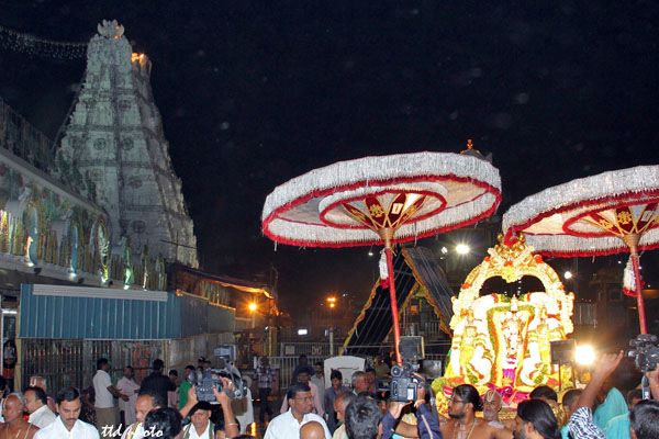 On Kaisika Dwadasi Day (Karthika Dwadasi) after Suprabhatam and Thomala seva the Ugra Srinivasa Moorthy’s idol along with the idols of Sri Devi and Bhoo Devi