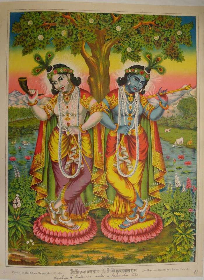 Late 19th century lithograph from Bengal depicting Krishna & Balarama